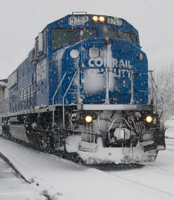 conrail locomotive in snow